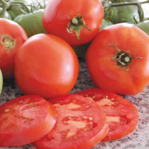 Whole and sliced tomatoes on a counter.